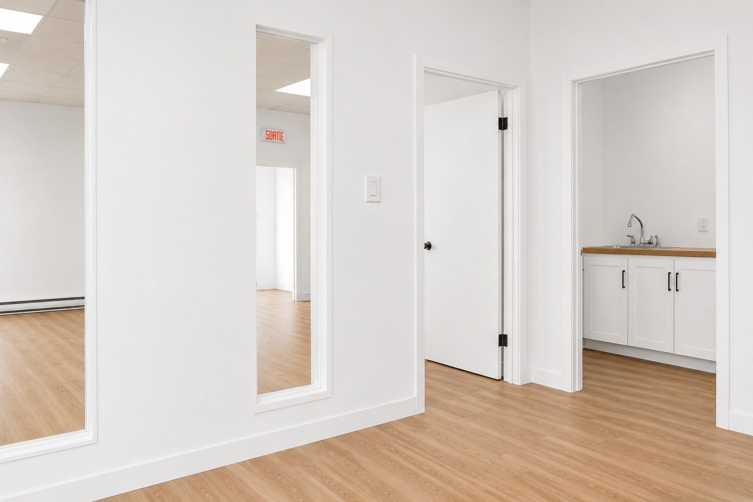 Empty room with white walls, wood laminate flooring, a large mirror, and doorways leading to a kitchenette and another room.
