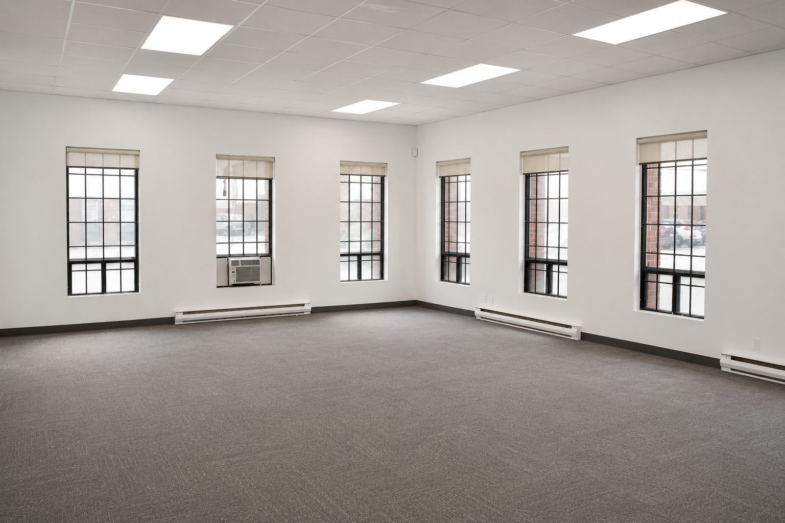 Empty office space with six windows, gray carpet, white walls, and ceiling with fluorescent lights.