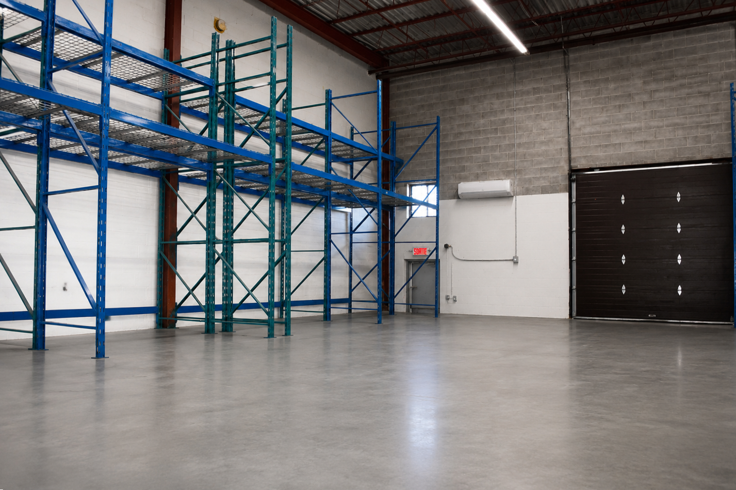 Empty warehouse with blue metal shelving, concrete floor, white brick and gray cinder block walls, large black roll-up door, and exit sign with red text.
