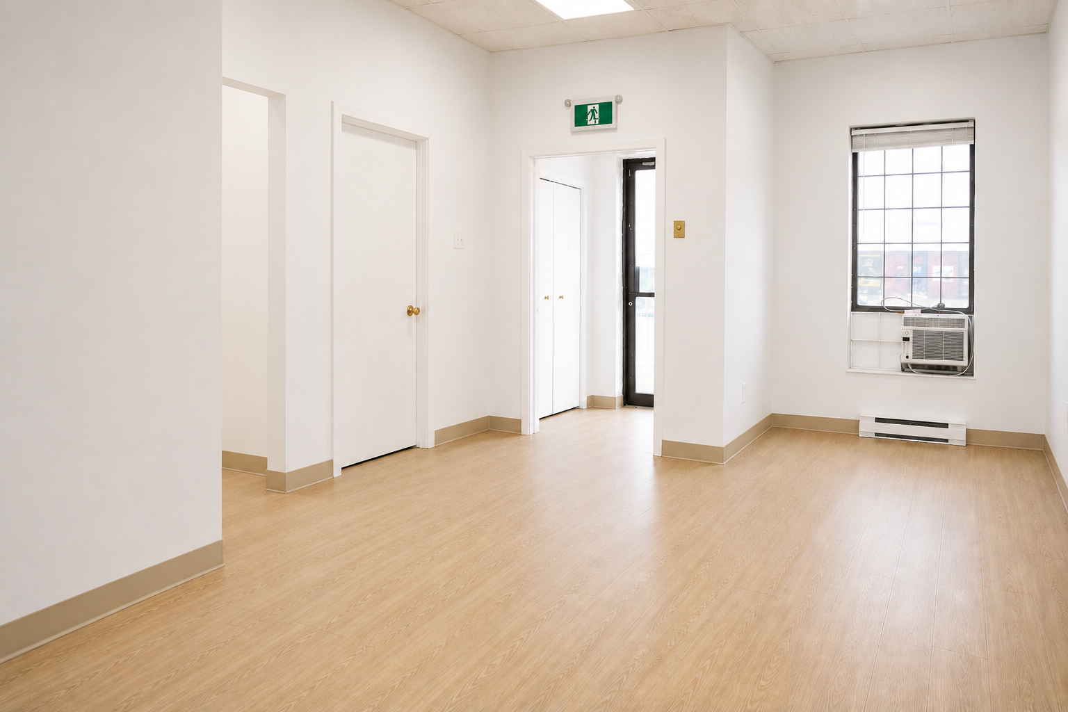 Empty room with white walls, a window with an air conditioner, a door leading outside, and a ceiling-mounted green emergency exit sign.