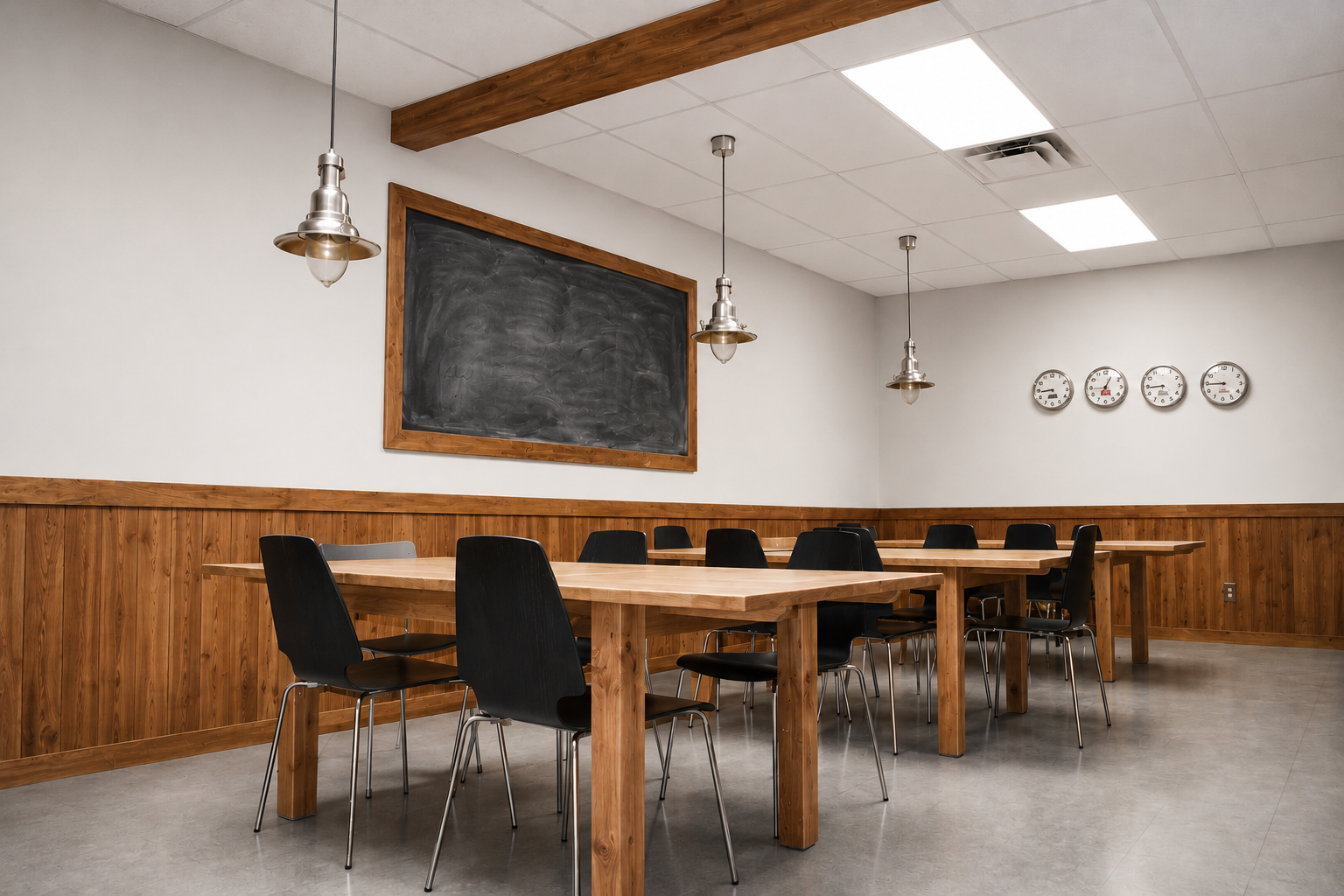 Empty dining area with wooden tables and black chairs, chalkboard on wall, four wall clocks, ceiling lights, and a wood-paneled wall.