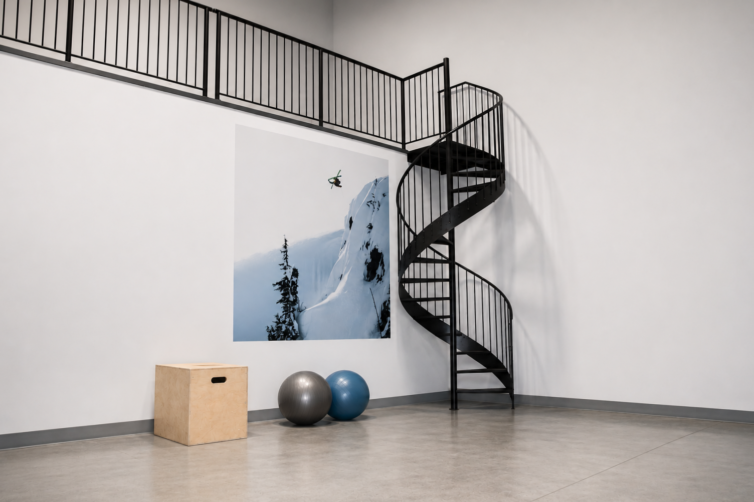 An indoor space with a white wall, spiral black staircase, large poster of a snow-covered mountain, a wooden box, and two exercise balls.