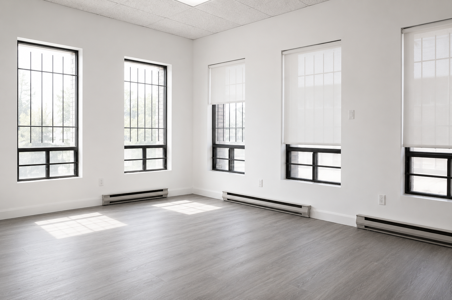 Empty bright room with white walls, large windows with blinds, light wood flooring, and baseboard heaters.