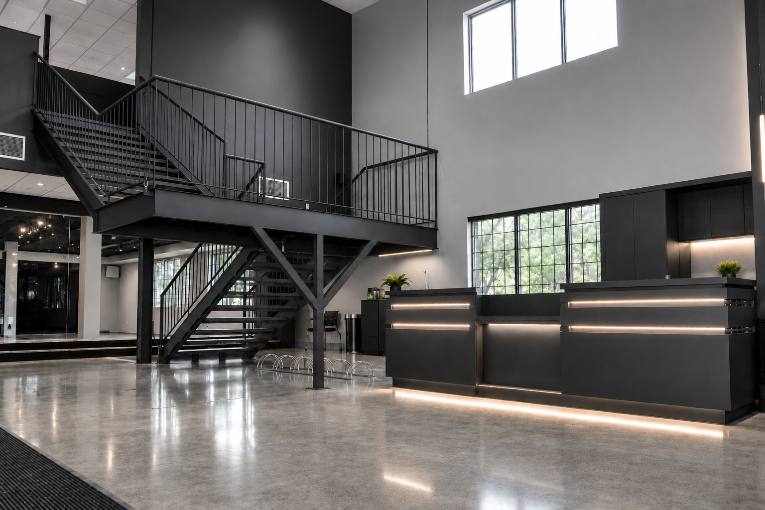 Modern lobby with black reception desk, large windows, black staircase, and minimal decor, featuring gray walls and shiny flooring.