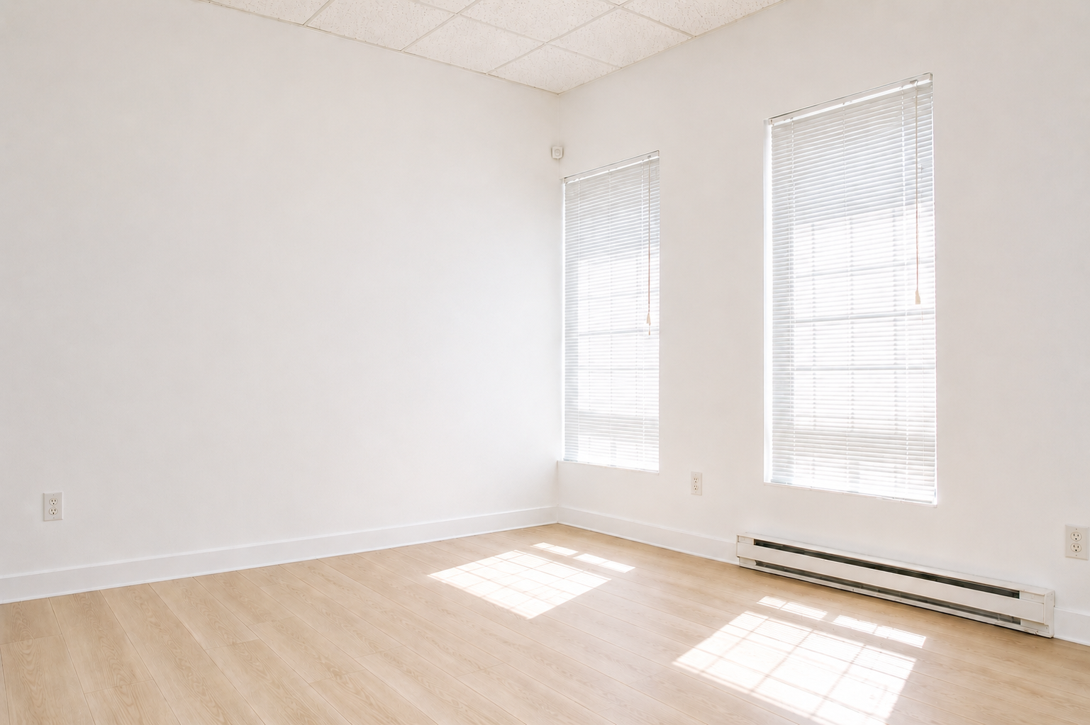 Empty room with white walls, hardwood flooring, large windows with blinds, and a baseboard heater