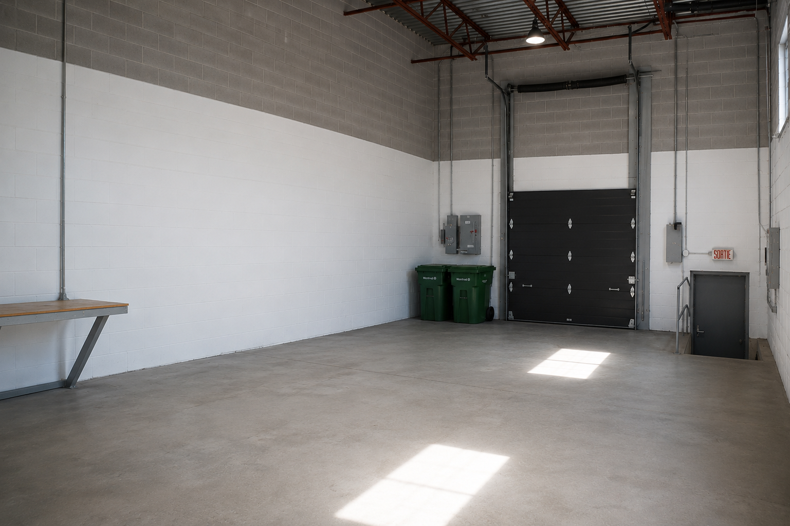Empty industrial garage with concrete floor, white and gray brick walls, a black roll-up door, green recycling bins, electrical panels, a small door labeled "Sortie," and a wall-mounted work table.