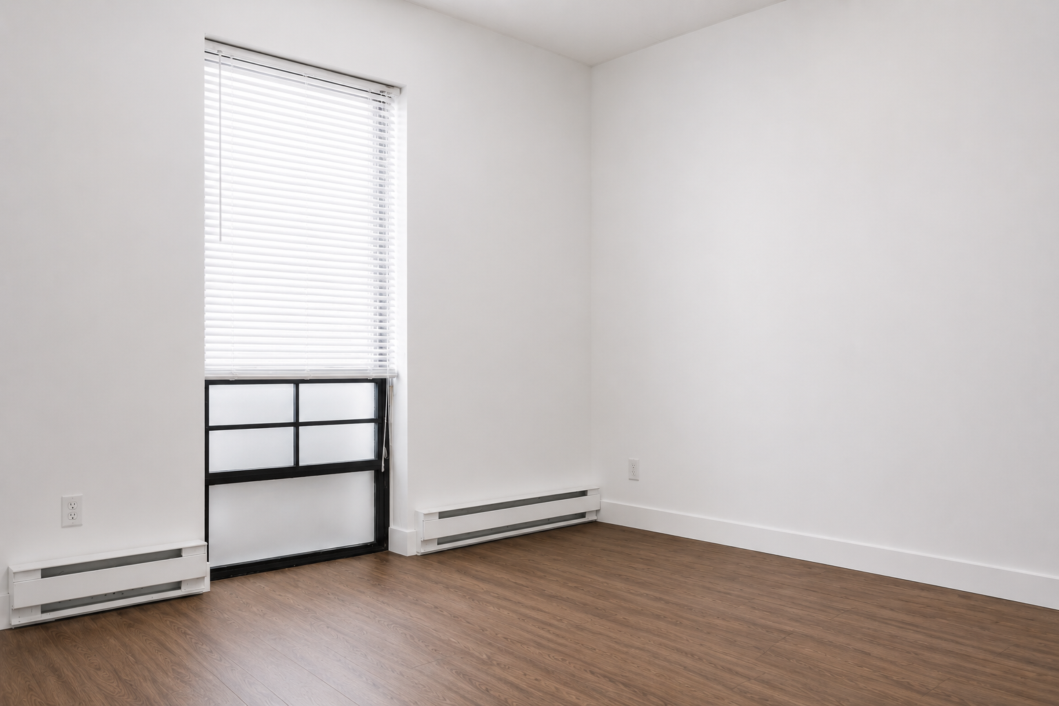 Empty room with white walls, a window with blinds, hardwood floor, and baseboard heater.