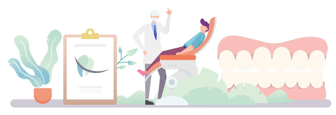 An abstract illustration of a dental practice, with plants, a dental implant assessment chart, dentist, patient-in-chair, and set of dentures.