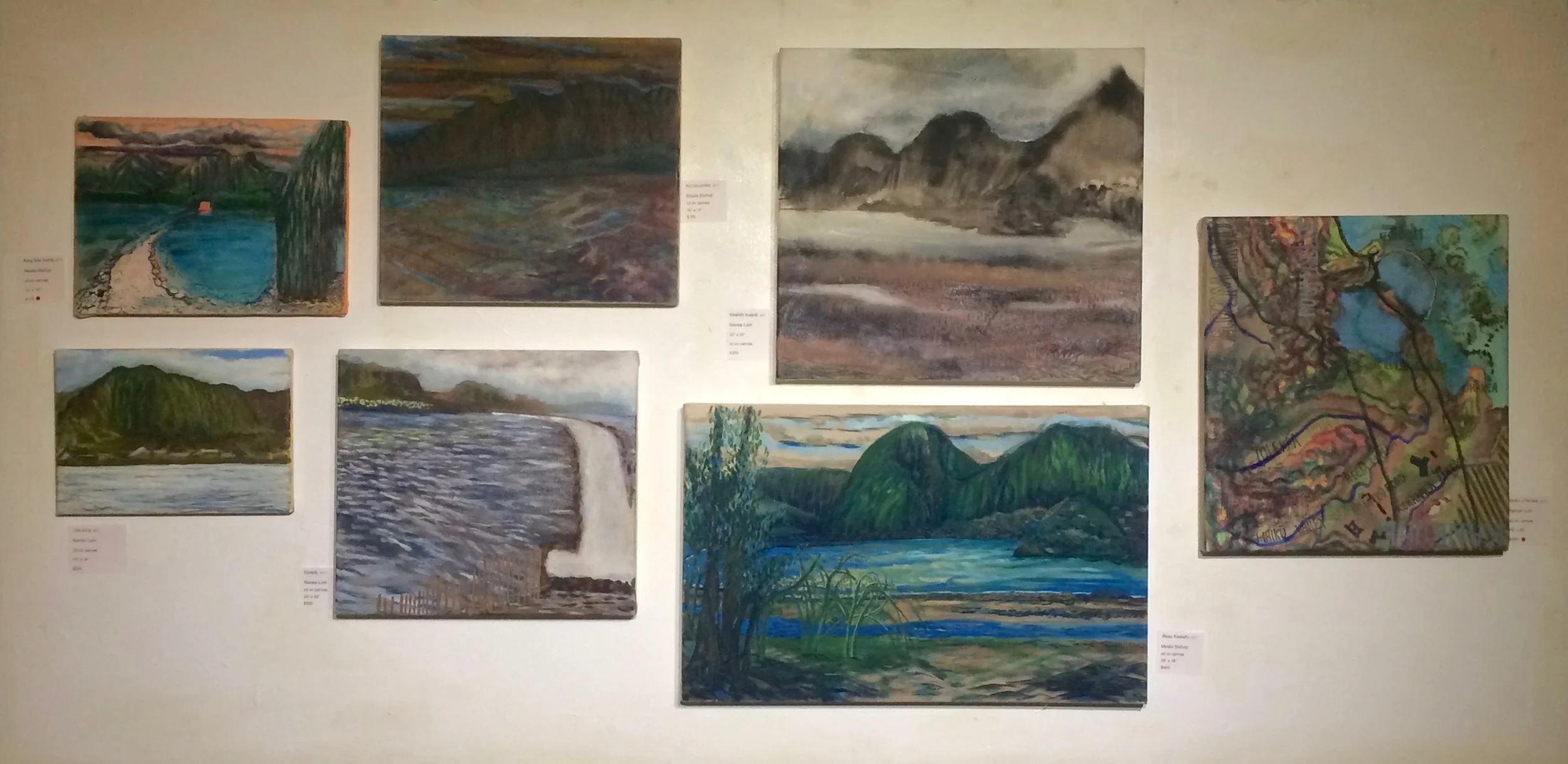 Installation at The ARTS at Marks Garage: Recollections of moku o He'eia, paintings by Mealaaloha Bishop and Nanea Lum, 2017, ink and oil on canvas.