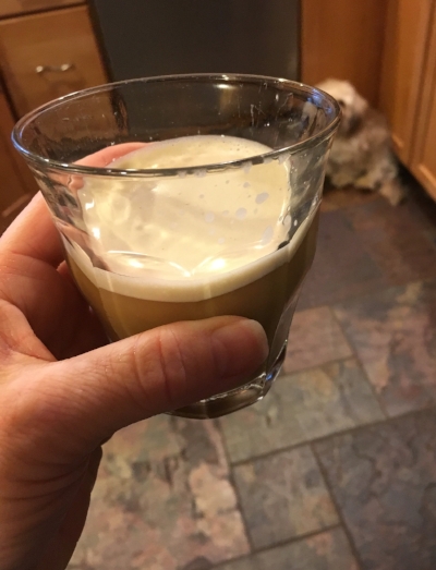7:20am Single shot of espresso with steamed rice milk