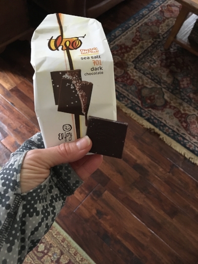 1:30pm Theo dark salted chocolate...1 square in photo, but full disclosure I ate 2 squares.