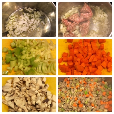 Pour olive oil in pan. Add 1 chopped onion until softened. Add in 1 pound of bulk Italian pork sausage+salt/pepper. Cook until browned and crumbled. Add in chopped celery (3-4 stalks), carrots (3-4), and mushrooms (big handful). Sauté for several minutes until softened.