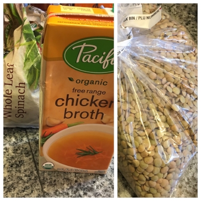 Pour in a box and a half of chicken broth (more or less depending on how thick you want it), frozen spinach (however much you want), 1 cup of dried lentils, and 1 bay leaf. Boil/simmer for 20 minutes. 