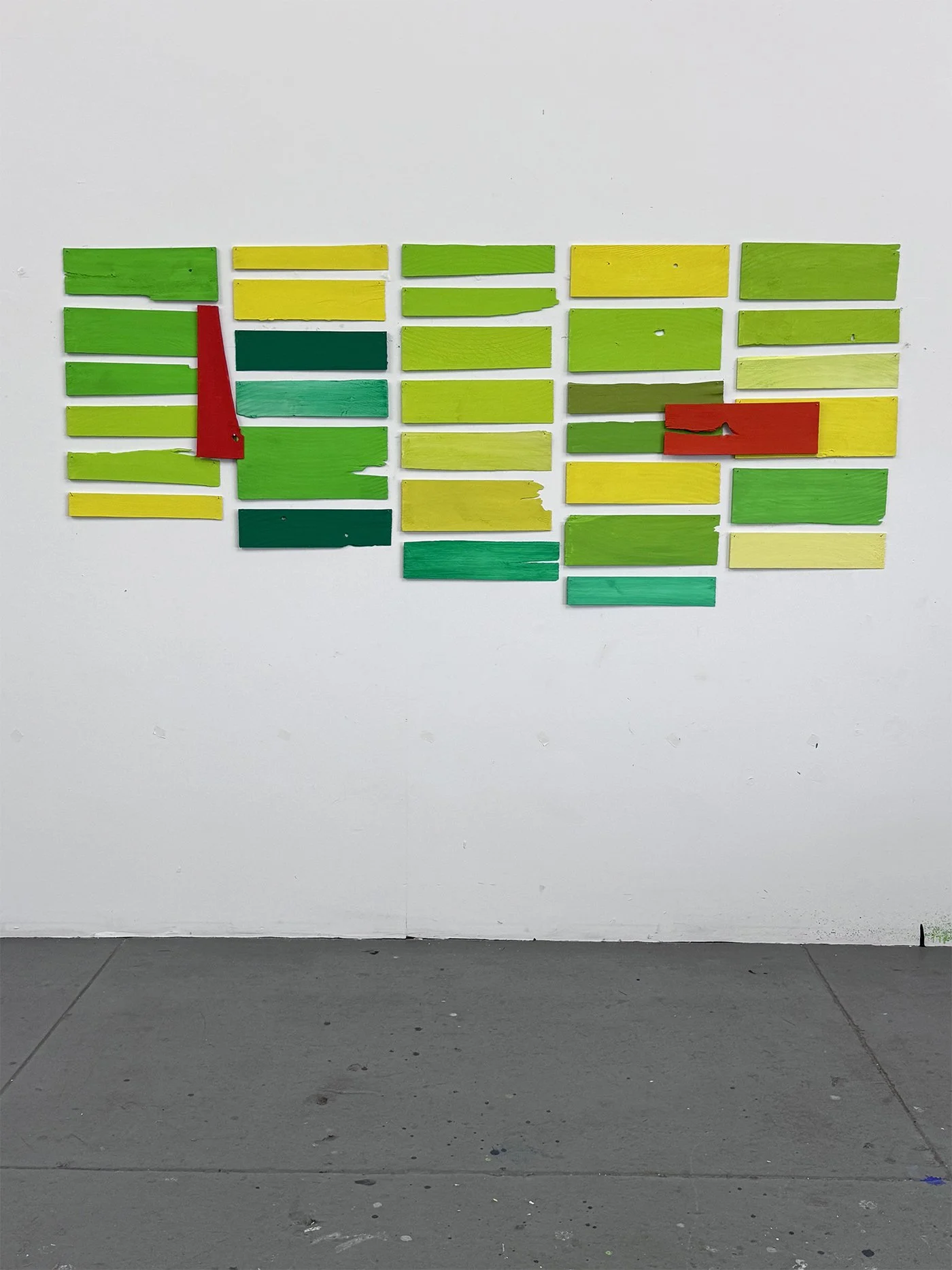 “Hang My Hat”, 2026, acrylic on white cedar shims with wire brads, 76x87”