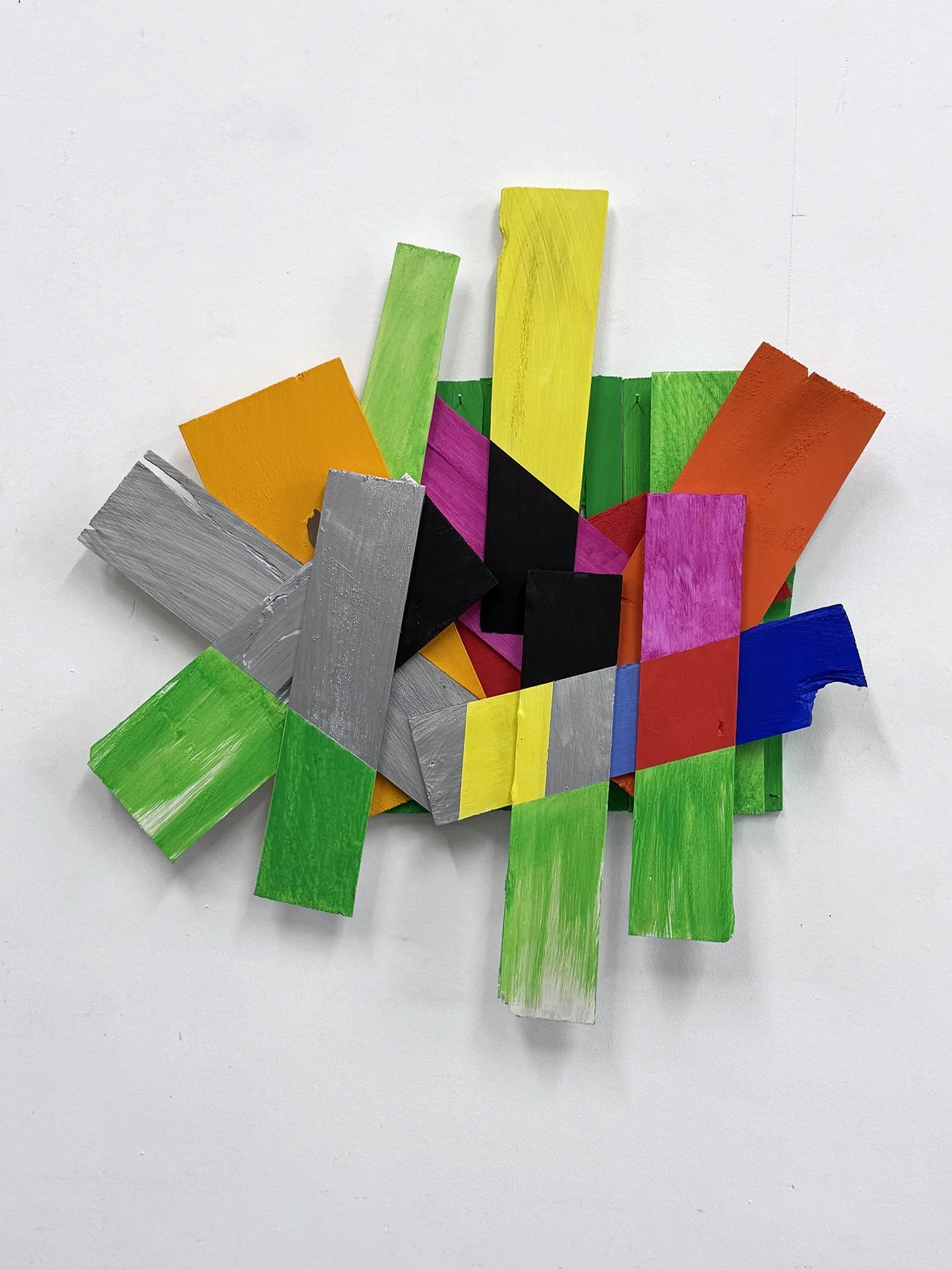 "Saturday Night", 2025, acrylic on white cedar shims, 30x29"