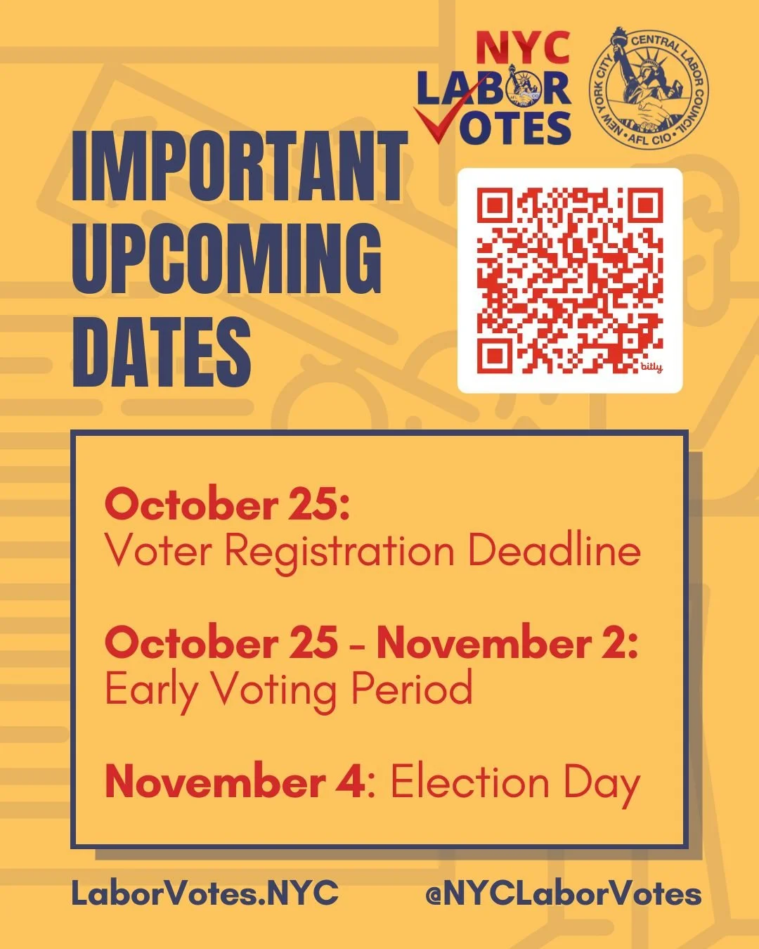 Early voting for the General Election starts in just 10 days! 

Beginning Saturday, October 25, New Yorkers can cast their ballots early for Mayor, Public Advocate, Comptroller, Borough Presidents, District Attorneys, Judges, and City Council offices