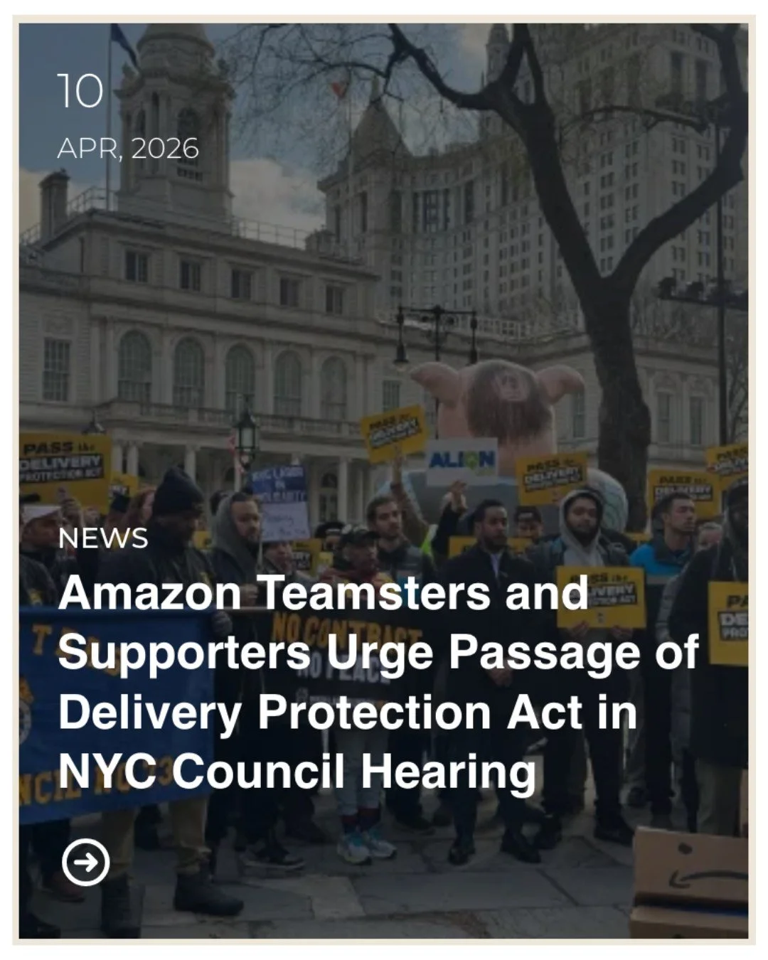 Amazon Teamsters and their allies including the NYC CLC rallied at City Hall yesterday in support of the Delivery Protection Act, later testifying in favor of the bill before the New York City Council Committee on Consumer and Worker Protection. The 