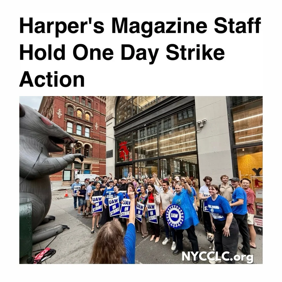 The editorial staff of Harper&rsquo;s Magazine, union members of UAW Local 2110, held a one-day strike yesterday to protest the Magazine&rsquo;s contract offer. Workers unionized in 2024 and have been trying to negotiate a contract for almost two yea