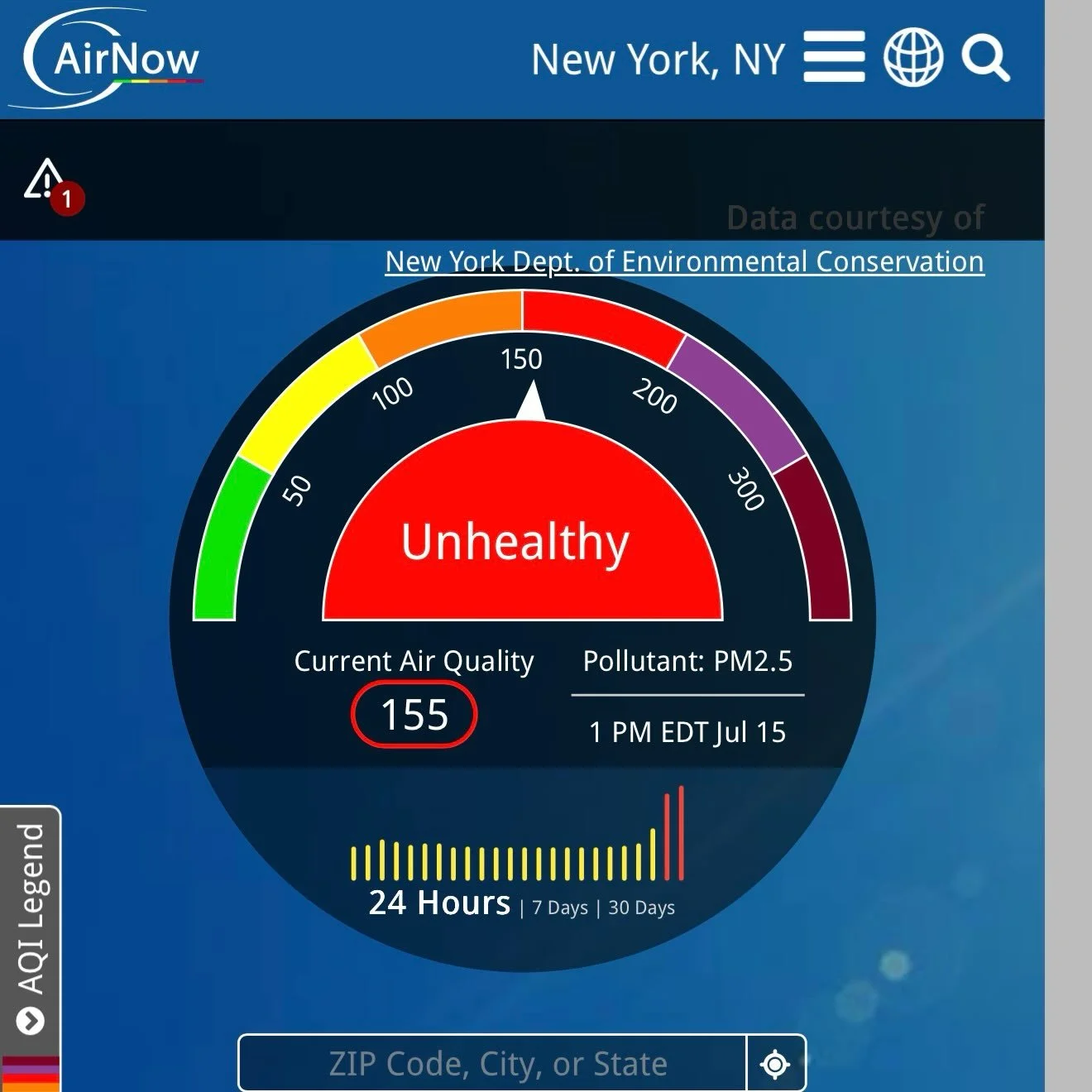 The air quality index in NYC is reaching unhealthy levels. If your work keeps you outdoors, please take precautions. 

https://www.airnow.gov/

People with heart or lung disease, older adults, children and teens &ndash; take any of these steps to red