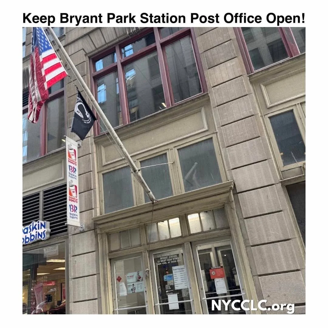 The Bryant Park Station Post Office is scheduled to close on Friday, August 8, yet Postal Management failed to provide the public with the required 60-day notice before announcing this decision. 

Your voice matters, and public participation is criti