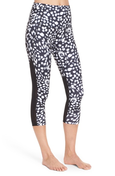 These leggings have a great high waist, a fun print, and mesh panels on the back of the legs. I own these and LOVE them!