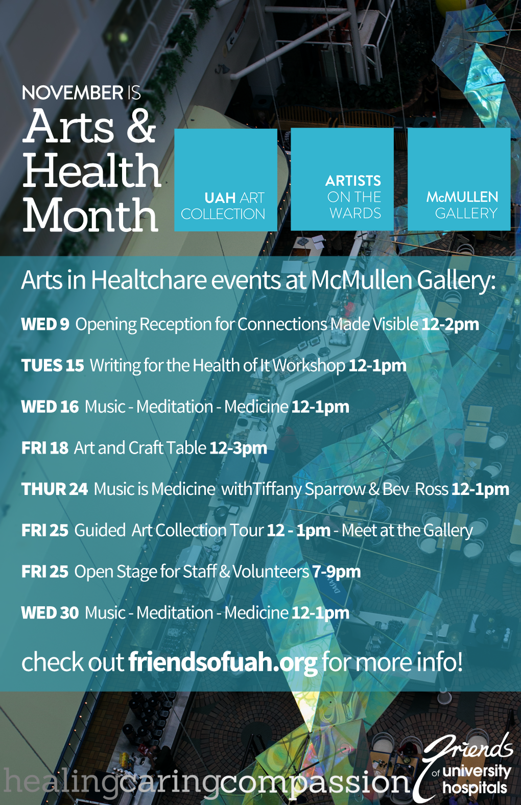 Arts Health Month, Artists on the Wards, McMullen Gallery, UAH Art Collection, U of A Hospital. 