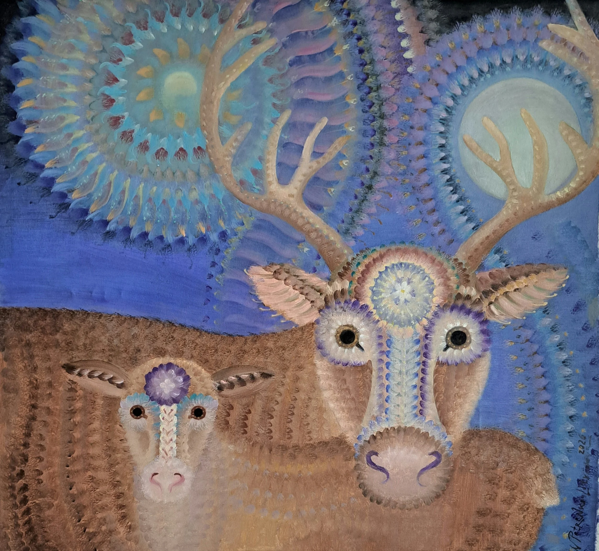 Northern Lights. Portrait of a caribou with a fawn.26x28 inches..jpg