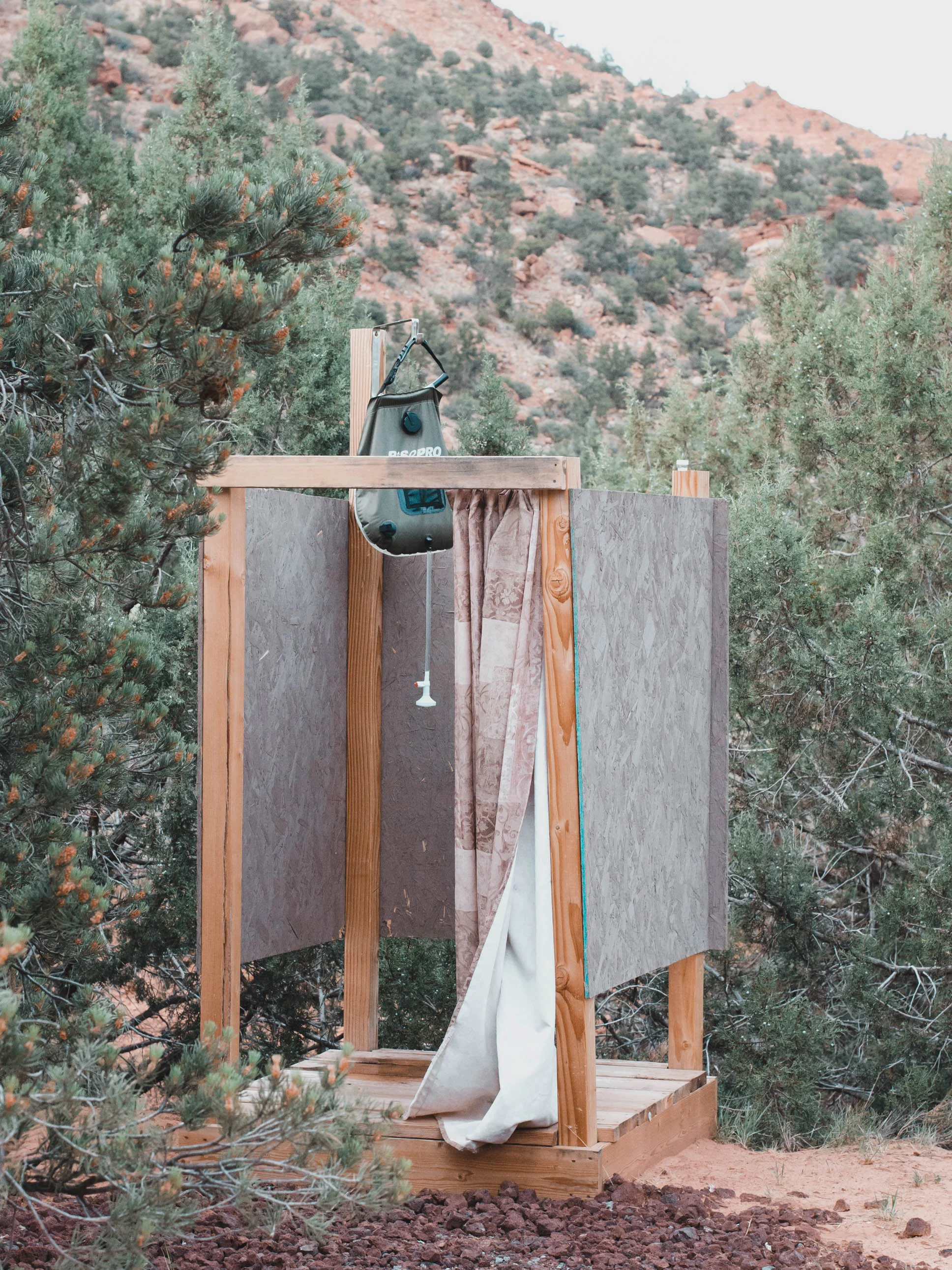 The solar shower outside our glamping tent