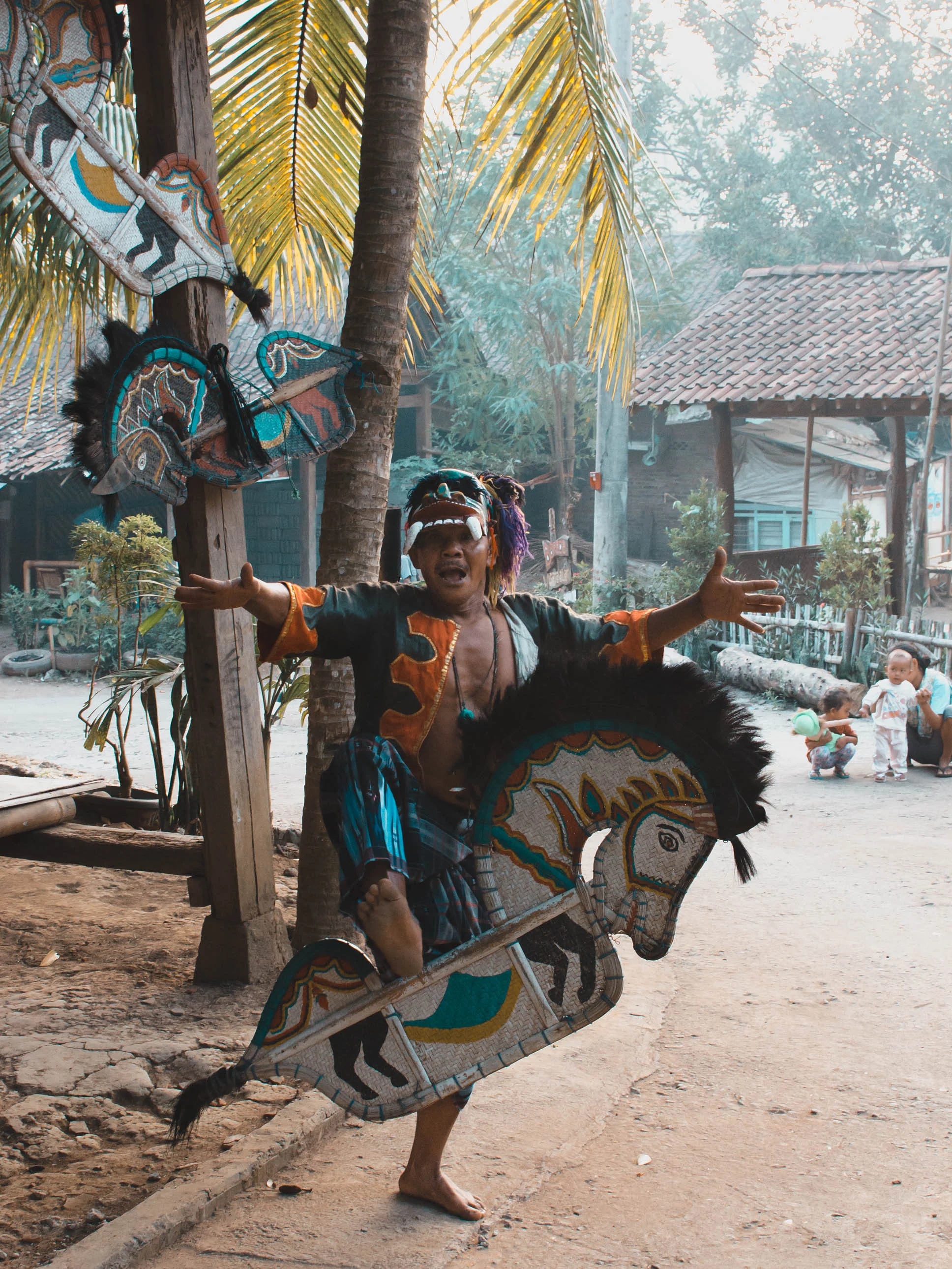 Local Indonesian man in traditional clothes near Borobudur temple