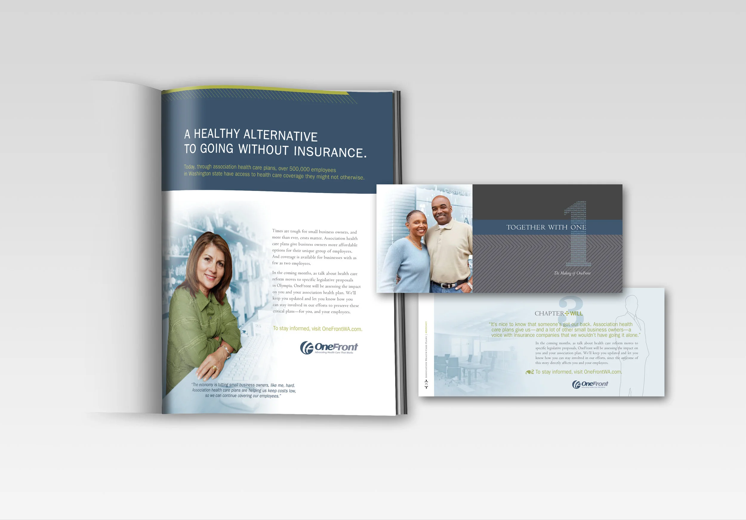 onefront "together with one" campaign print ads + statement inserts