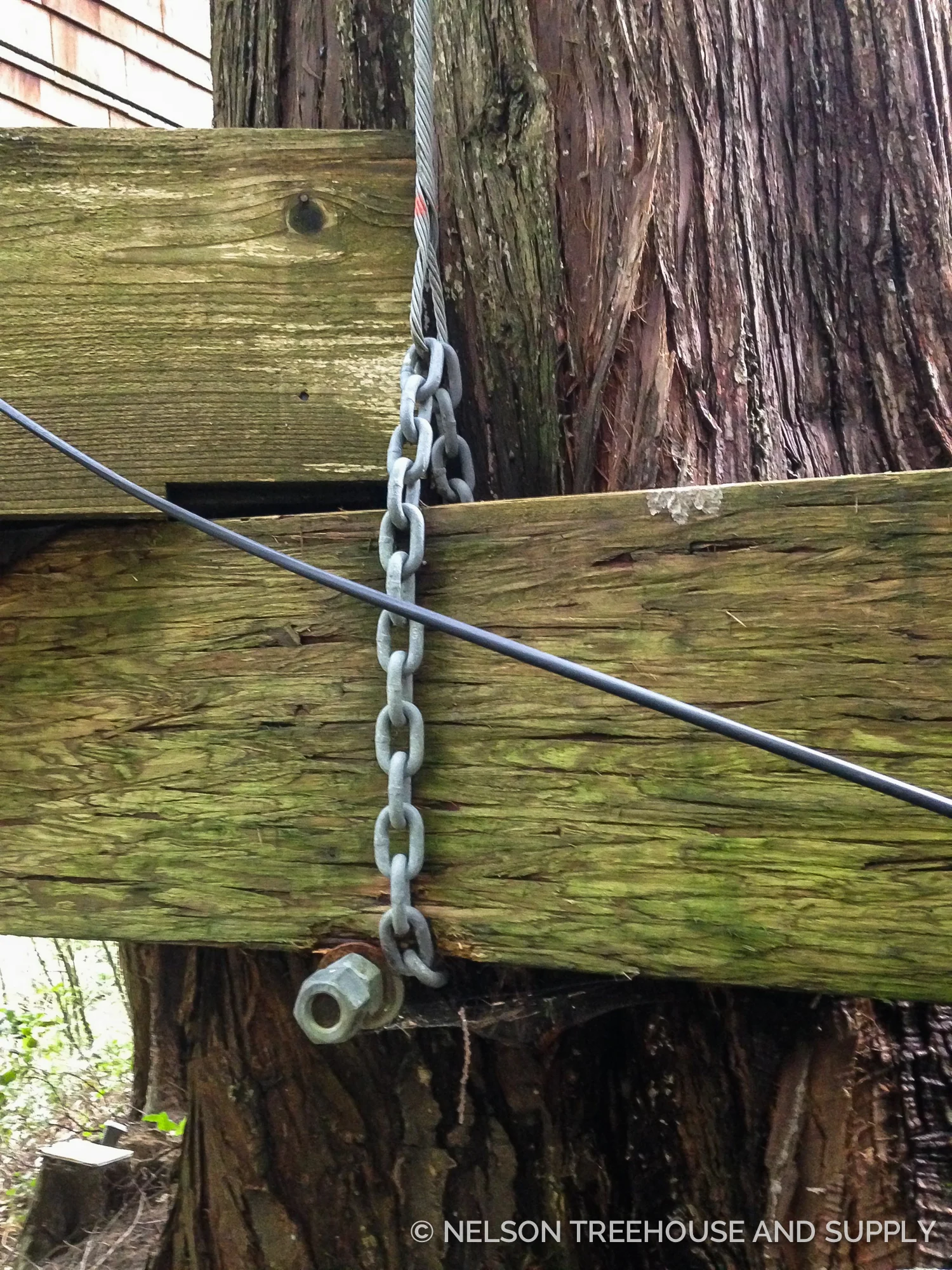 Pre-treehab hardware, circa 1998. Pete was using threaded bolts like this at the time. Innovation in treehouse hardware has since led to the TAB.