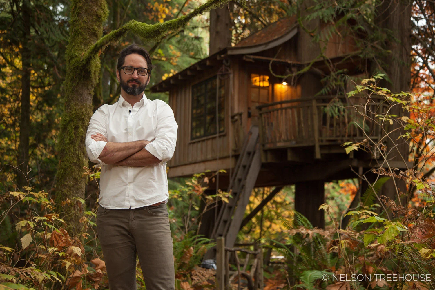 Daniel in front of the Upper Pond Treehouse at Treehouse point
