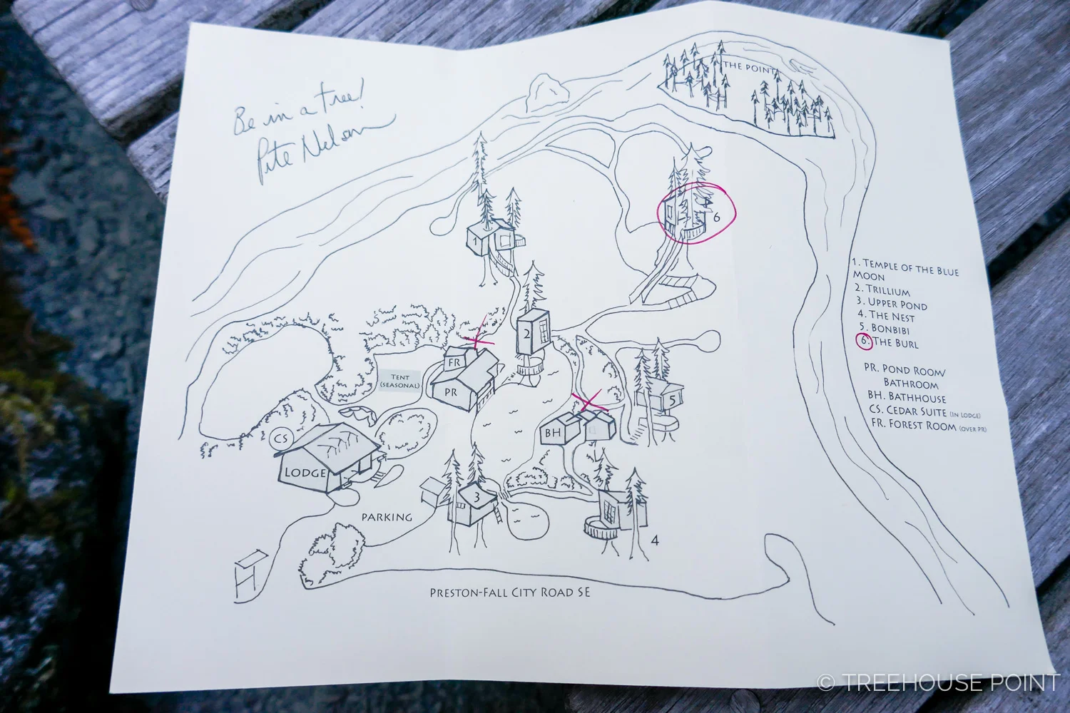At Check in, You'll receive Pete Nelson's hand-drawn map of treehouse Point