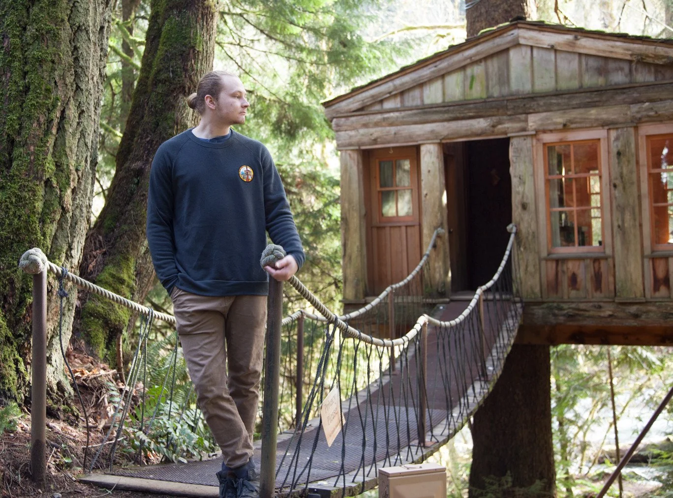 Garrett models our Crew Neck Sweatshirt with his temple of the blue moon patch.