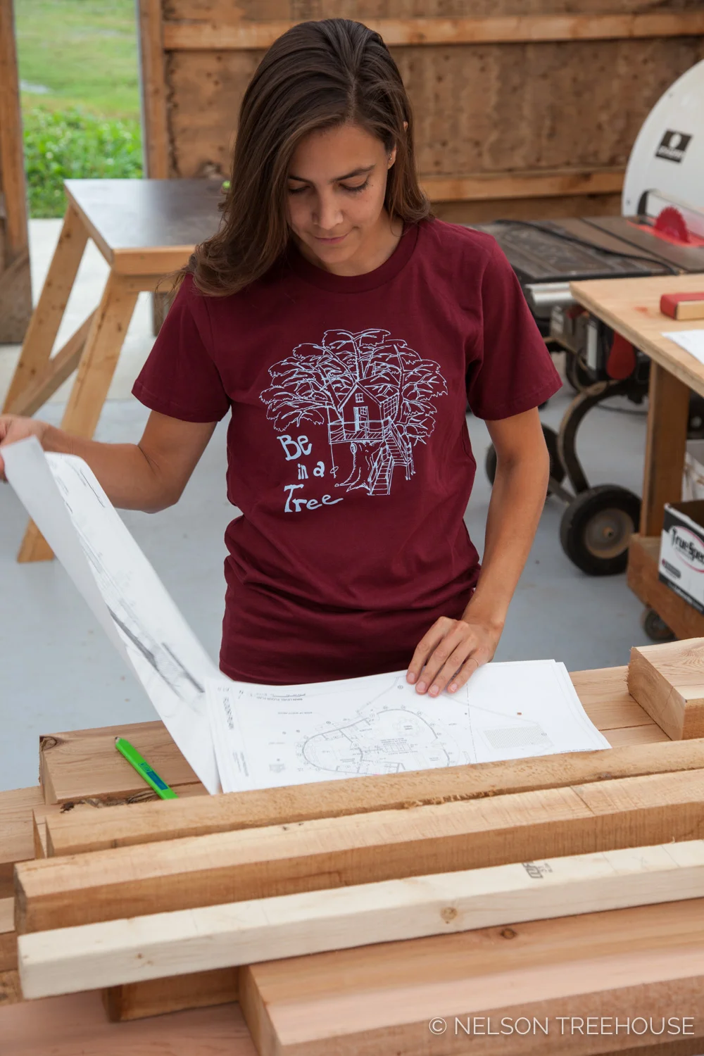Sam rocks our Burgundy Be in a Tree T-shirt , printed by Sanctuary.