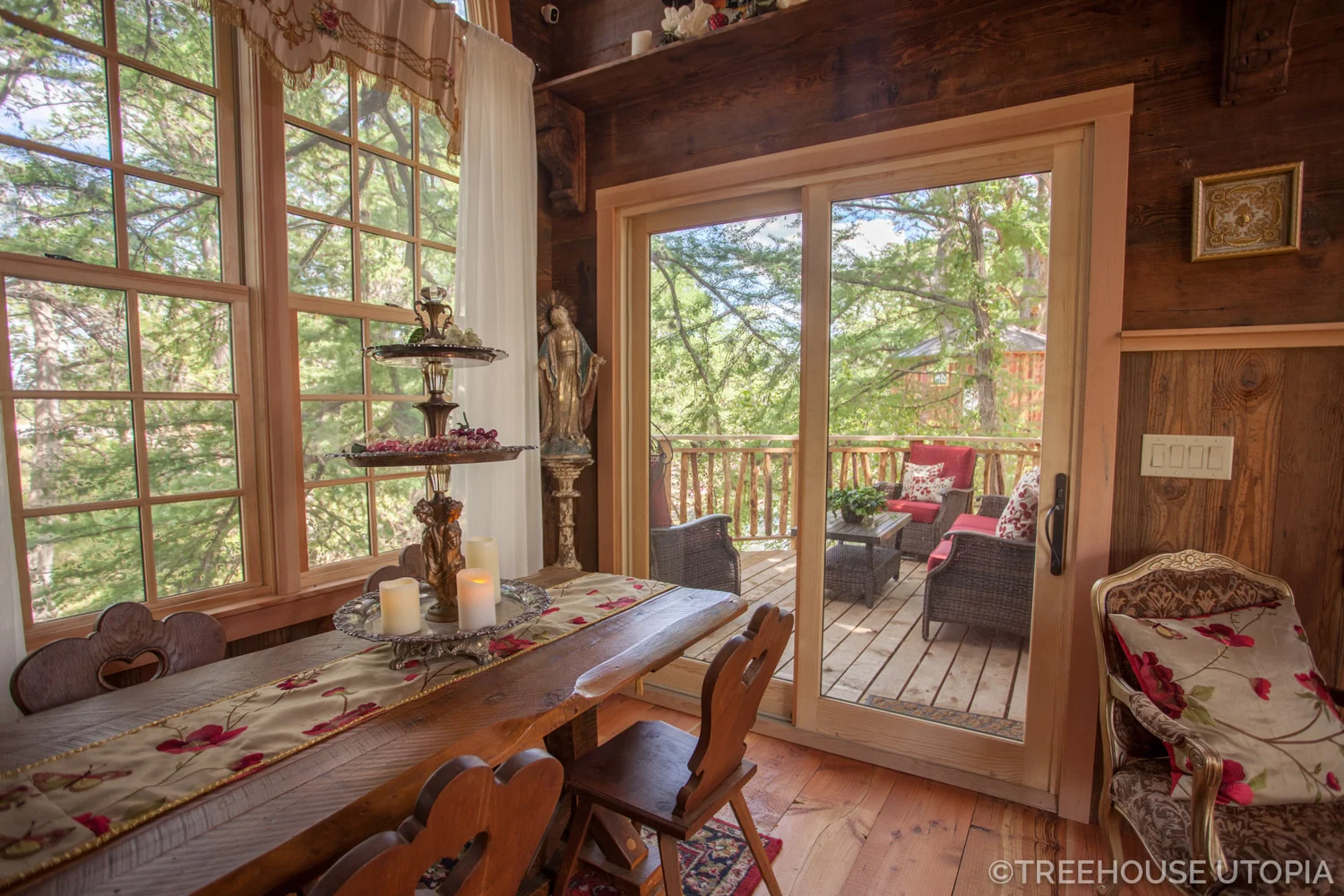 View from one of the gothic windows on Chapelle at Treehouse Utopia, a Texas Hill Country Retreat. Photo by Nelson Treehouse.