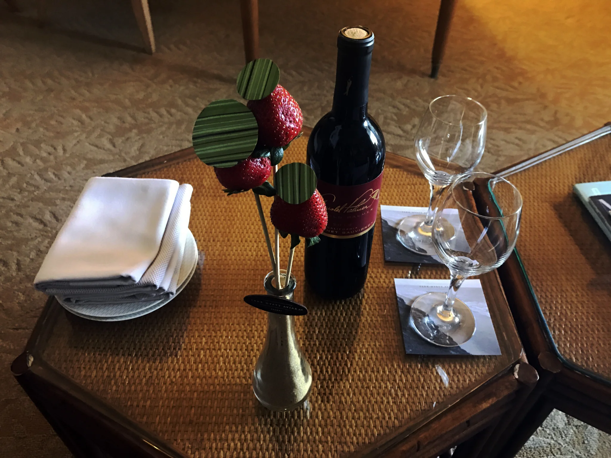 Arnold Palmer Cabernet Sauvignon accompanied by delicious cholo-covered strawberries.