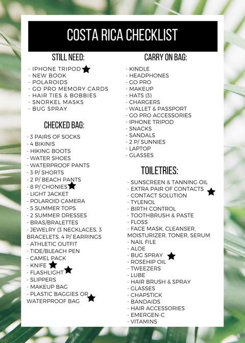 Packing list costa rica