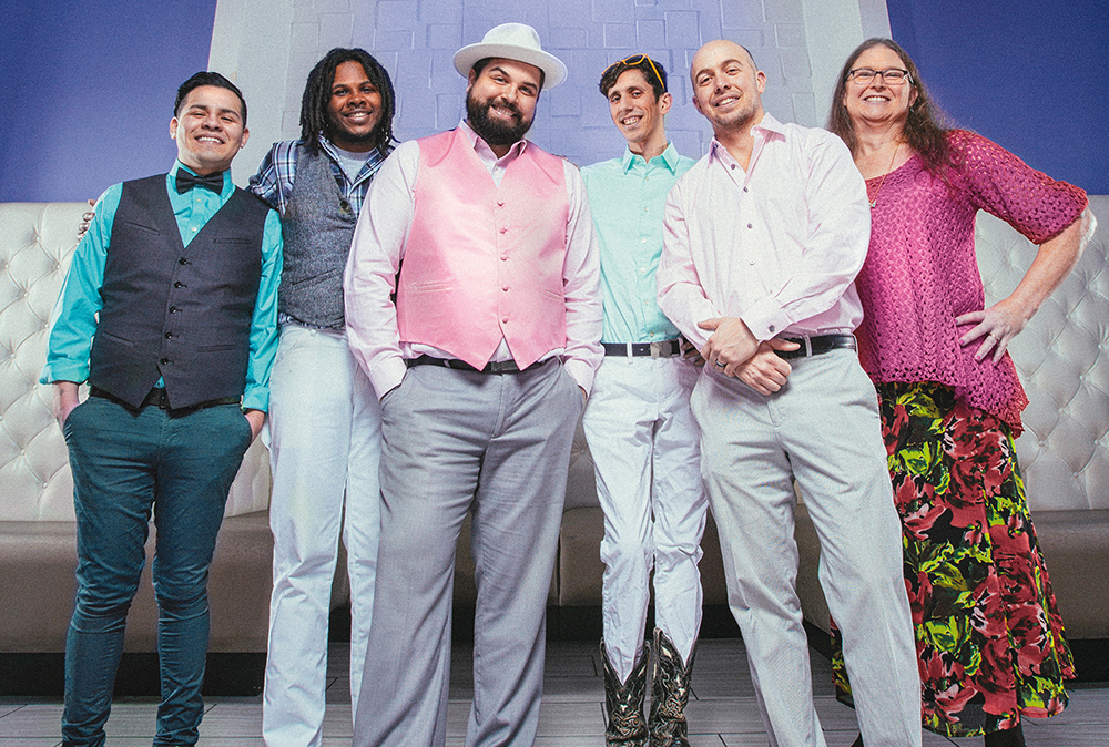 Leo Lopez, Darren Jordan, Nicholas Moore, Josh Bowling, Micah McGowan and Rachel Lighter, community members who have all participated in LGBTQ+ Community Coalition town hall meetings and Rainbows & Roses planning. Photo by Antonio Pantoja
