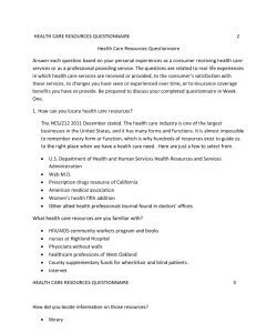  HEALTH CA  RESOURCES QUESTIONNAIRE                                                                                       