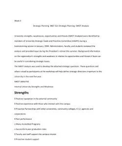 Strategic Planning  MGT 521 Strategic Planning  SWOT Analysis