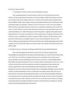 Dissertation Topics with Titles 1. The Impacts of Tourism on Socio-Cultural Development in Kenya  With a growing population around the world, as well as an increasing travel and tourism industry, the