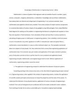 Knowledge of Mathematics in Engineering Context 1401w Mathematics is science of pattern that engineers seek out whether found in numbers, space, science, computers, imaginary abstractions, or elsew