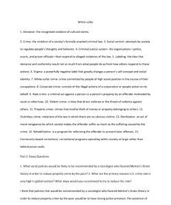 White-collar 2. Crime- the violation of a society’s formally enacted criminal law. 3. Social control- attempts by society to regulate people’s thoughts and behavior. 4. Criminal justice system- the or