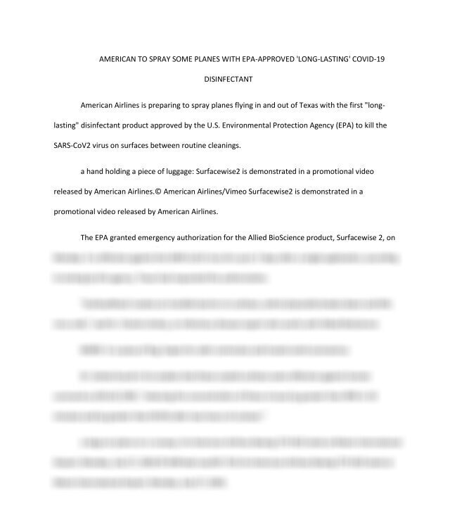 AMERICAN TO SPRAY SOME PLANES WITH EPA-APPROVED 'LONG-LASTING' COVID-19 DISINFECTANT 