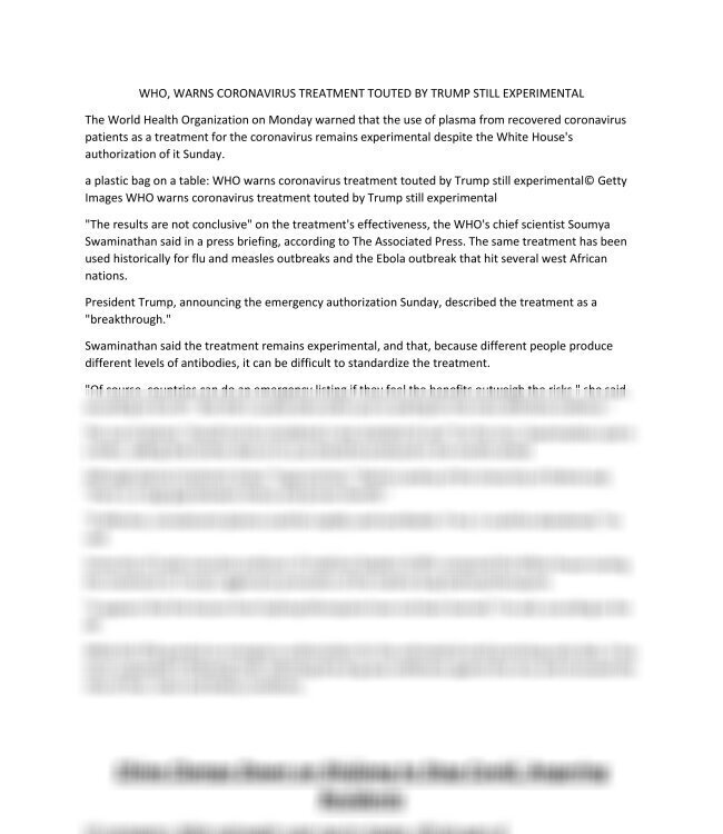 WHO, WARNS CORONAVIRUS TREATMENT TOUTED BY TRUMP STILL EXPERIMENTAL