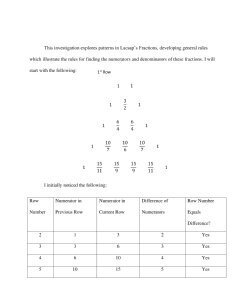 THIS INVESTIGATION EXPLORES PATTERNS IN LACSAP’S FRACTIONS ( (0)=((1/2) (0)=1 (1)=((1/2) (1)=((1/2)4+1)/((1/2)4+1-2+1) (1)=((1/2)64+4)/((1/2)64+4-8+1) (1)=(2+1)/2 (1)=(32+4)/(32-3) (1)=3/2 (1)=36/29 (