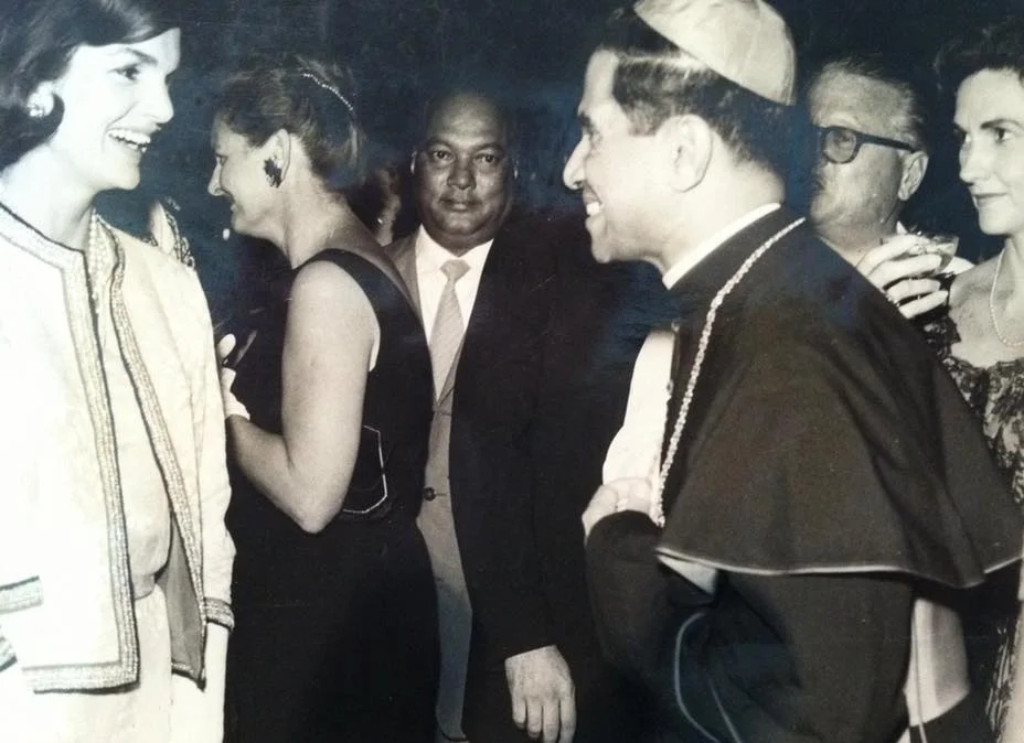 First Lady Jacqueline Kennedy meeting Archbishop Cordeiro during her trip to Karachi in 1962. Ahme Stone, a friend of the Naifehs who introduced them to the Archbishop, is at the far right. 