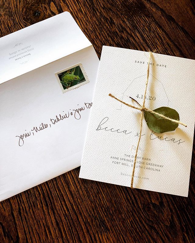 save the date design for my sister&rsquo;s wedding! and the silver dollar eucalyptus leaf tied with twine by @pattiratcliffe gives it the perfect rustic touch. 
so excited for #beccaxlucas

#savethedate #savethedatecards #weddinginvitations #wedding 