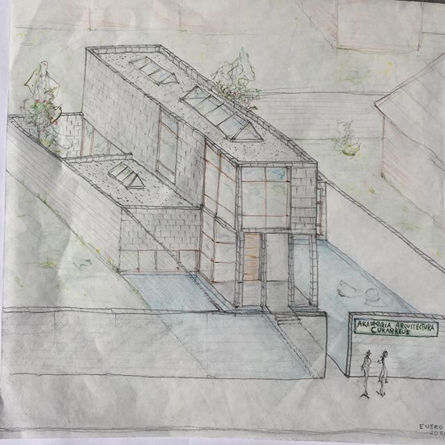 Proyecto para Oficina Taller en Curarrehue. 
Inspirado en esta casa de Curarrehue (ver foto) a medio proceso de construcci&oacute;n en bloque de cemento y madera . La construcci&oacute;n en madera es t&iacute;pica de la region, me sorprendi&oacute; l